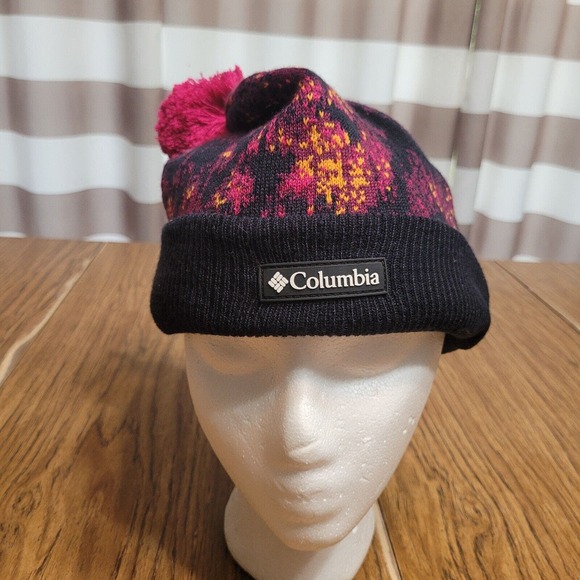 Columbia Other - Columbia Beanie Hat Adult Black Magenta Cuffed Pom Pom Knit Winter Toboggan